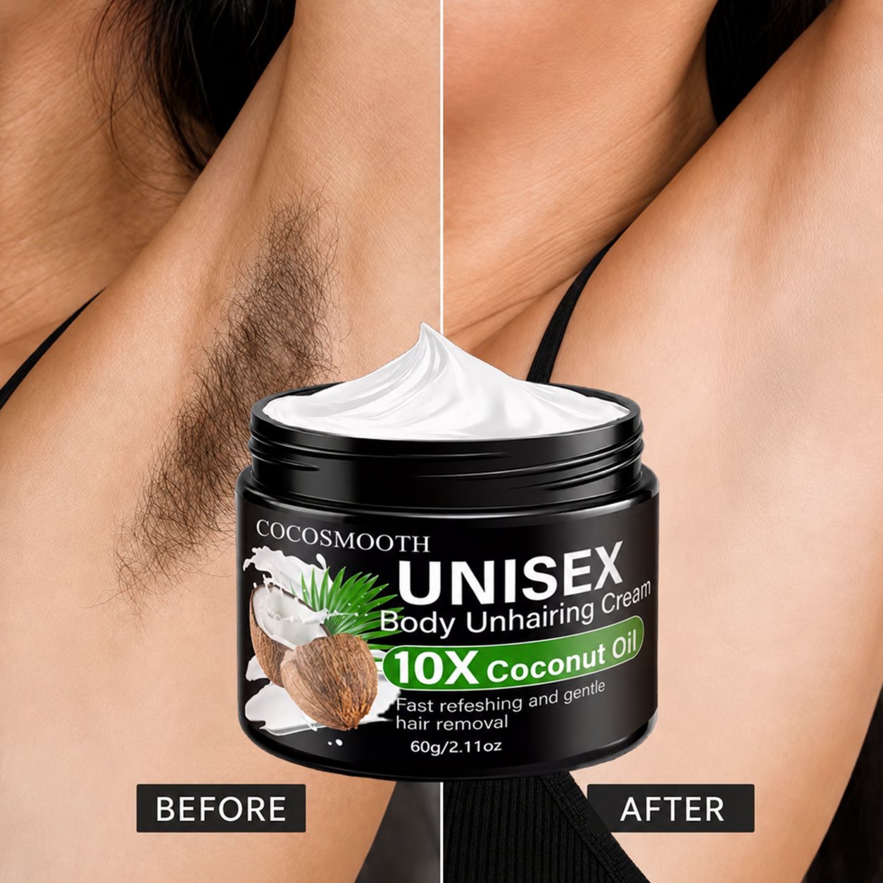 Before and after using CocoSmooth on underarms
