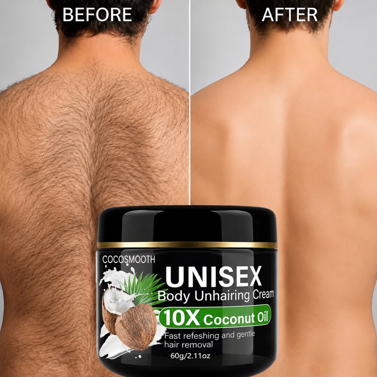 Before and after using CocoSmooth on back