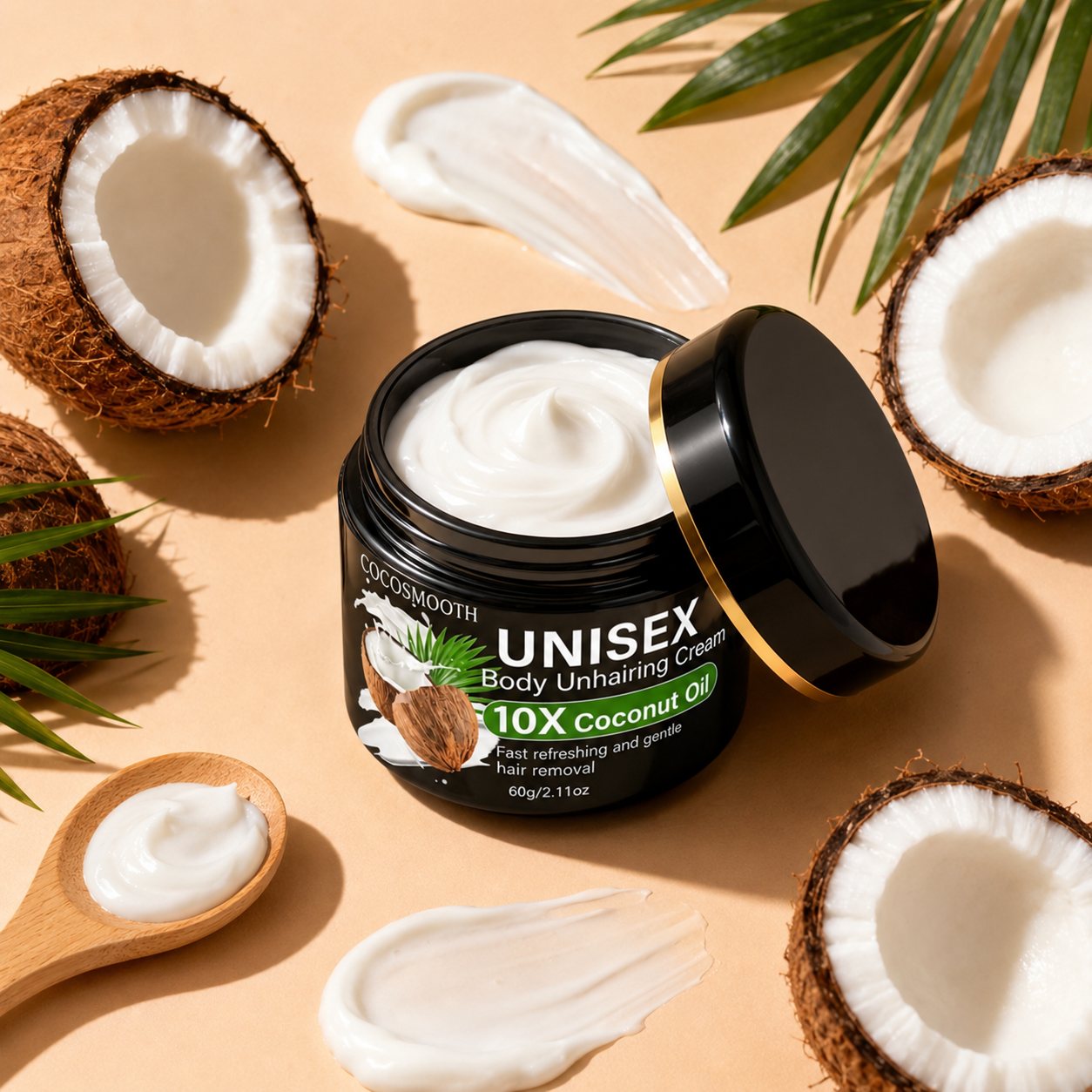 CocoSmooth jar surrounded by fresh coconuts