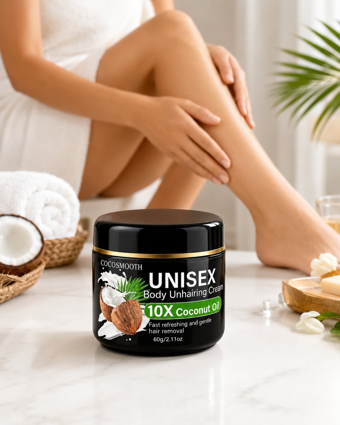 CocoSmooth™ jar on a marble counter with smooth legs in the background