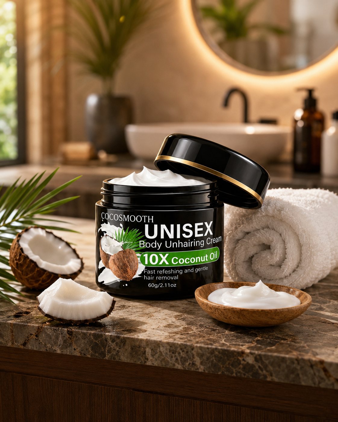 CocoSmooth™ open jar with cream on a bathroom counter with coconuts and a towel
